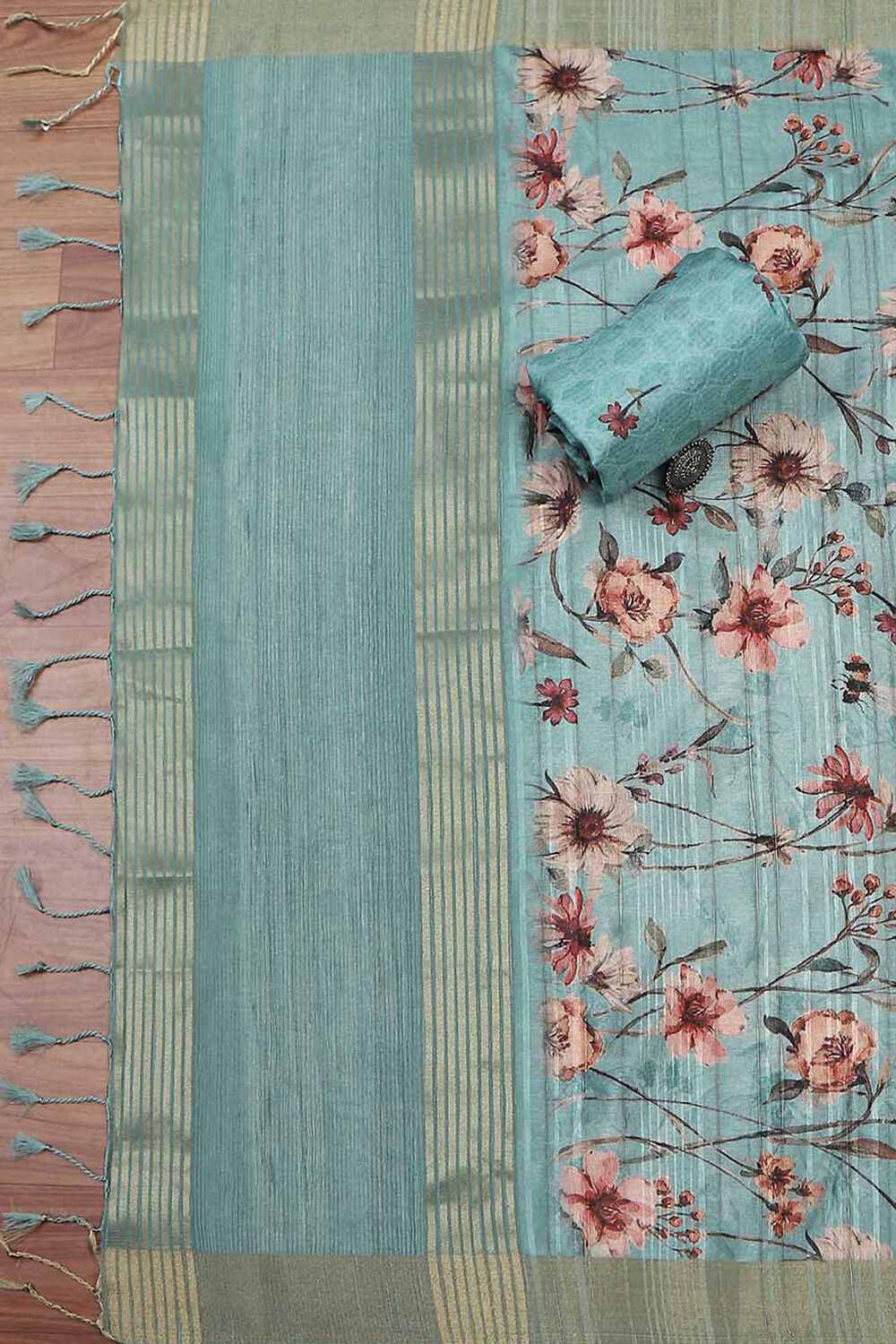 Peach Silk Tussar Handloom Unstitched Suit Set image number 3