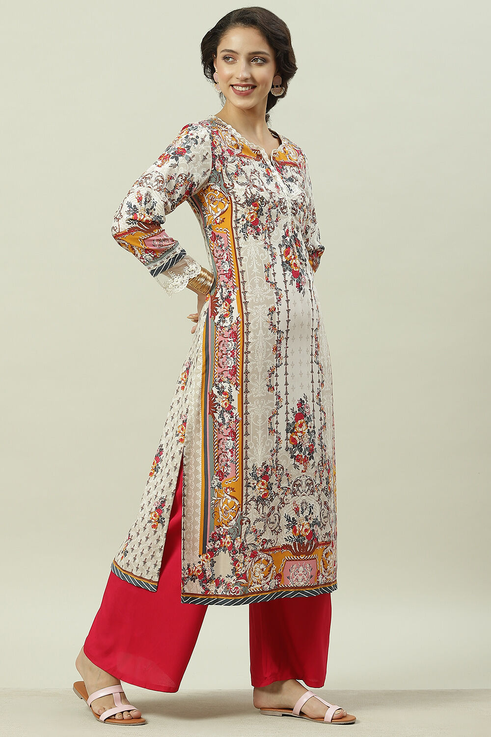 Ecru Rayon Straight Printed Kurta image number 2