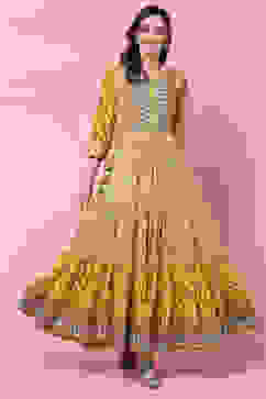 Mustard Cotton Flared Fusion Printed Dress image number 0