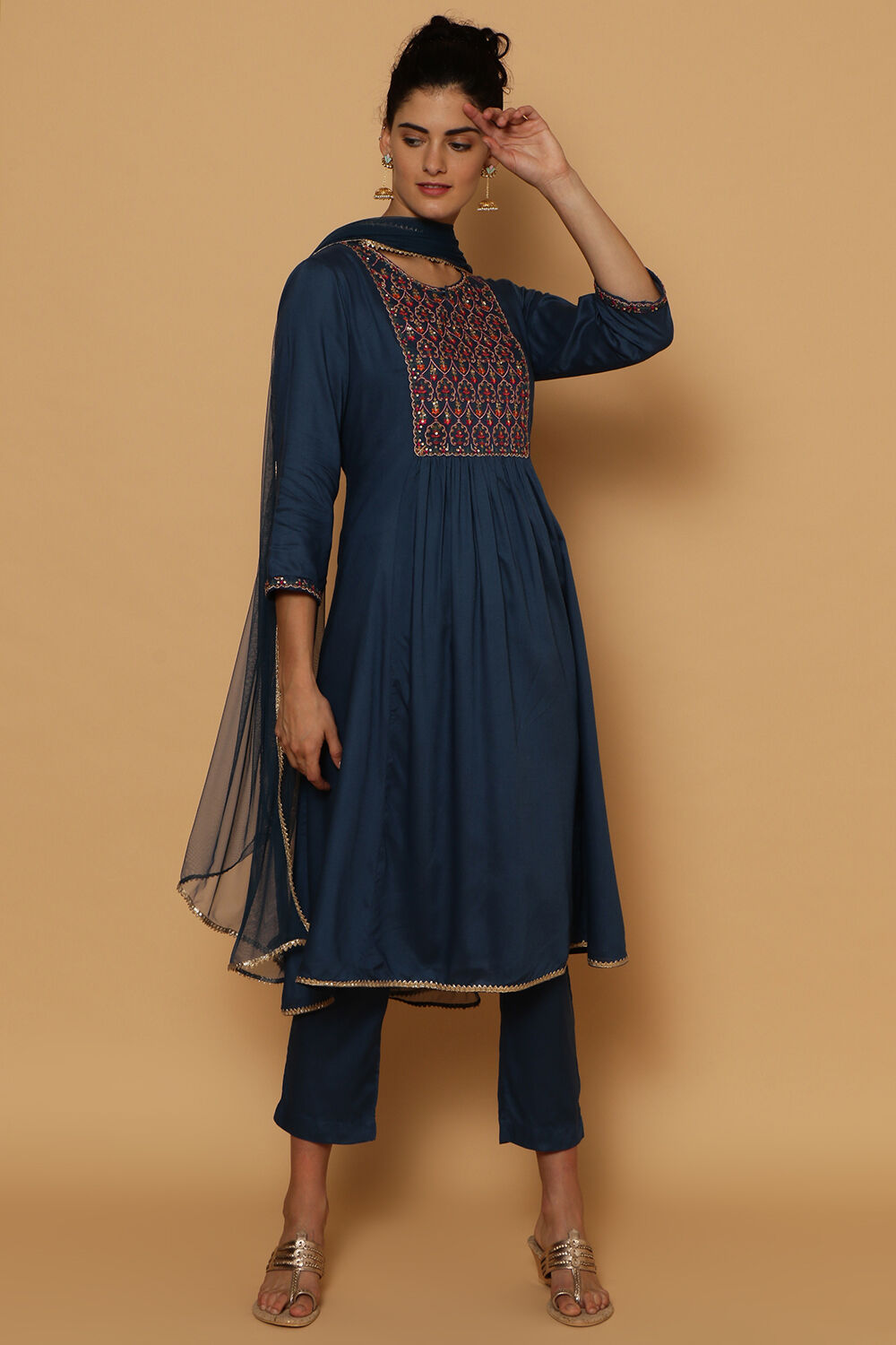 Blue Rayon Kalidar Kurta Slim Pant Suit Set image number 1