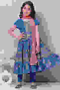 Blue Cotton Anarkali Kurta Churidar Suit Set image number 7