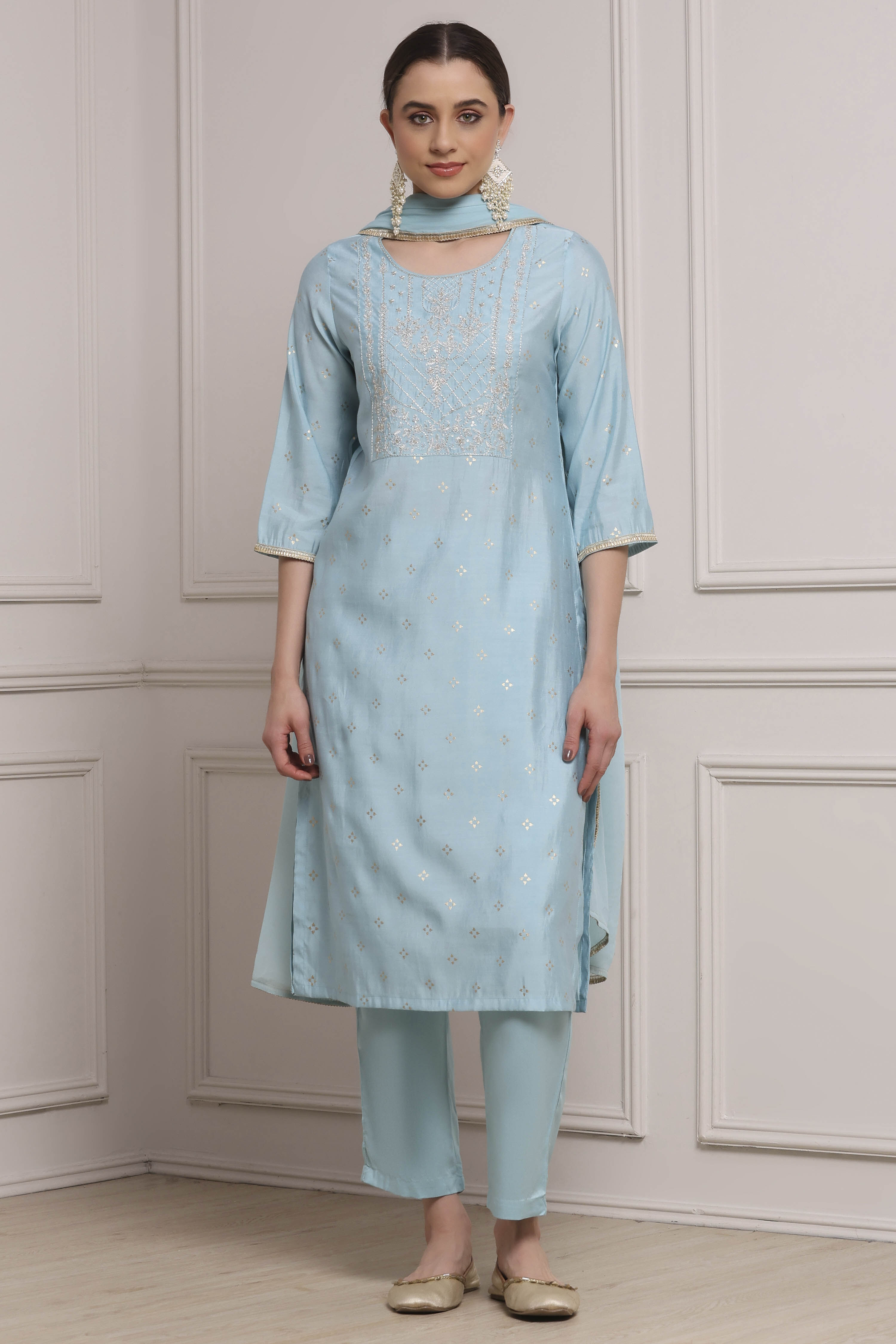 Aqua Viscose Blend Printed Straight Suit Set image number 0