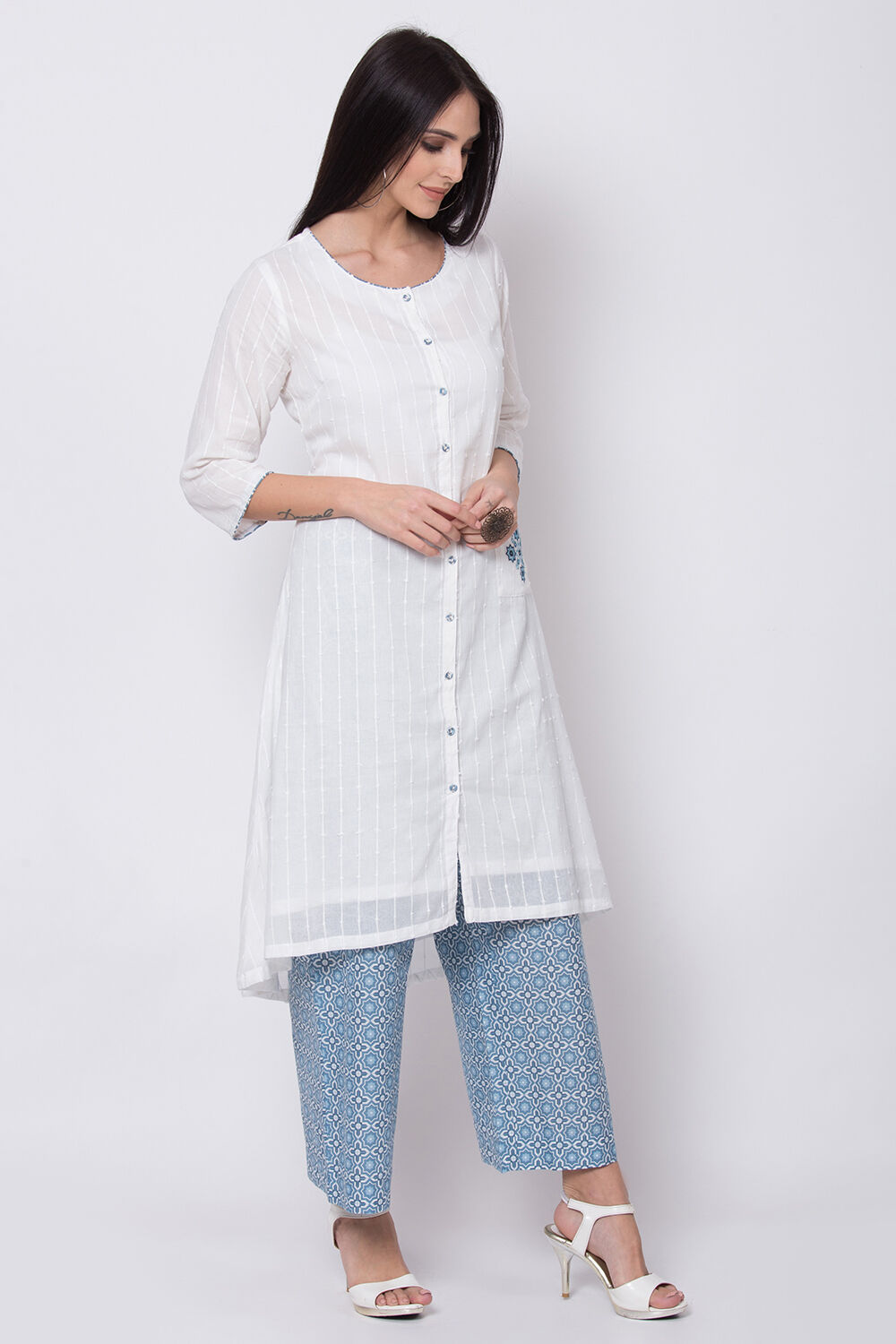 White And Blue Cotton A-Line Kurta Palazzo Suit Set image number 4