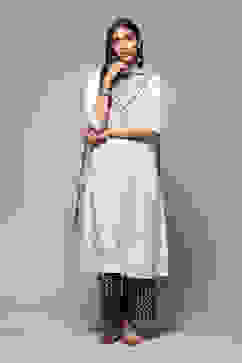 Off White Cotton A-Line Kurta Palazzo Suit Set image number 7