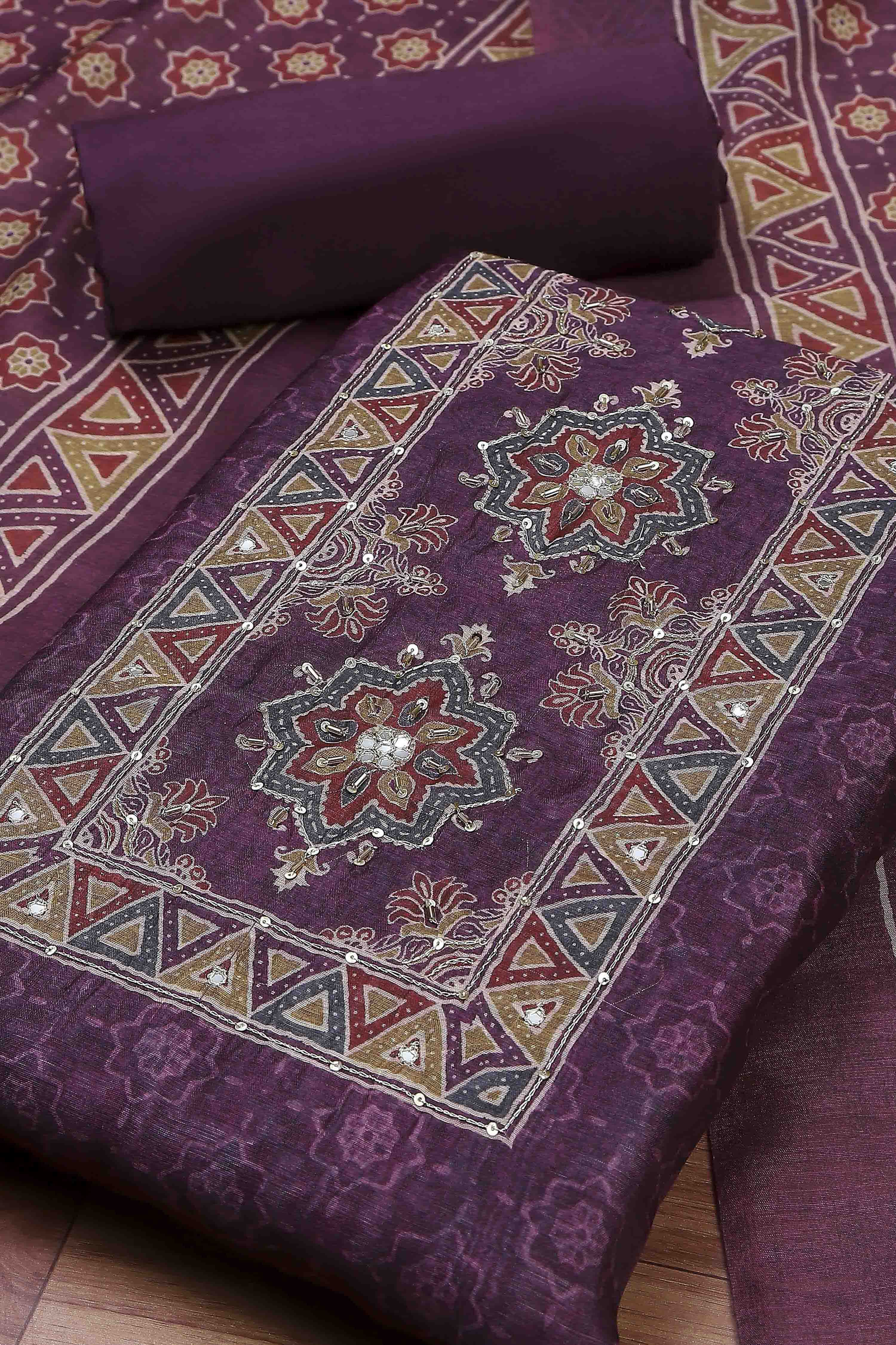 Grey Chanderi Rajasthani Print Unstitched Suit Set image number 1