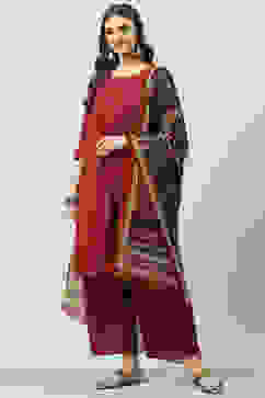 Maroon Cotton Straight Kurta Palazzo Suit Set image number 2