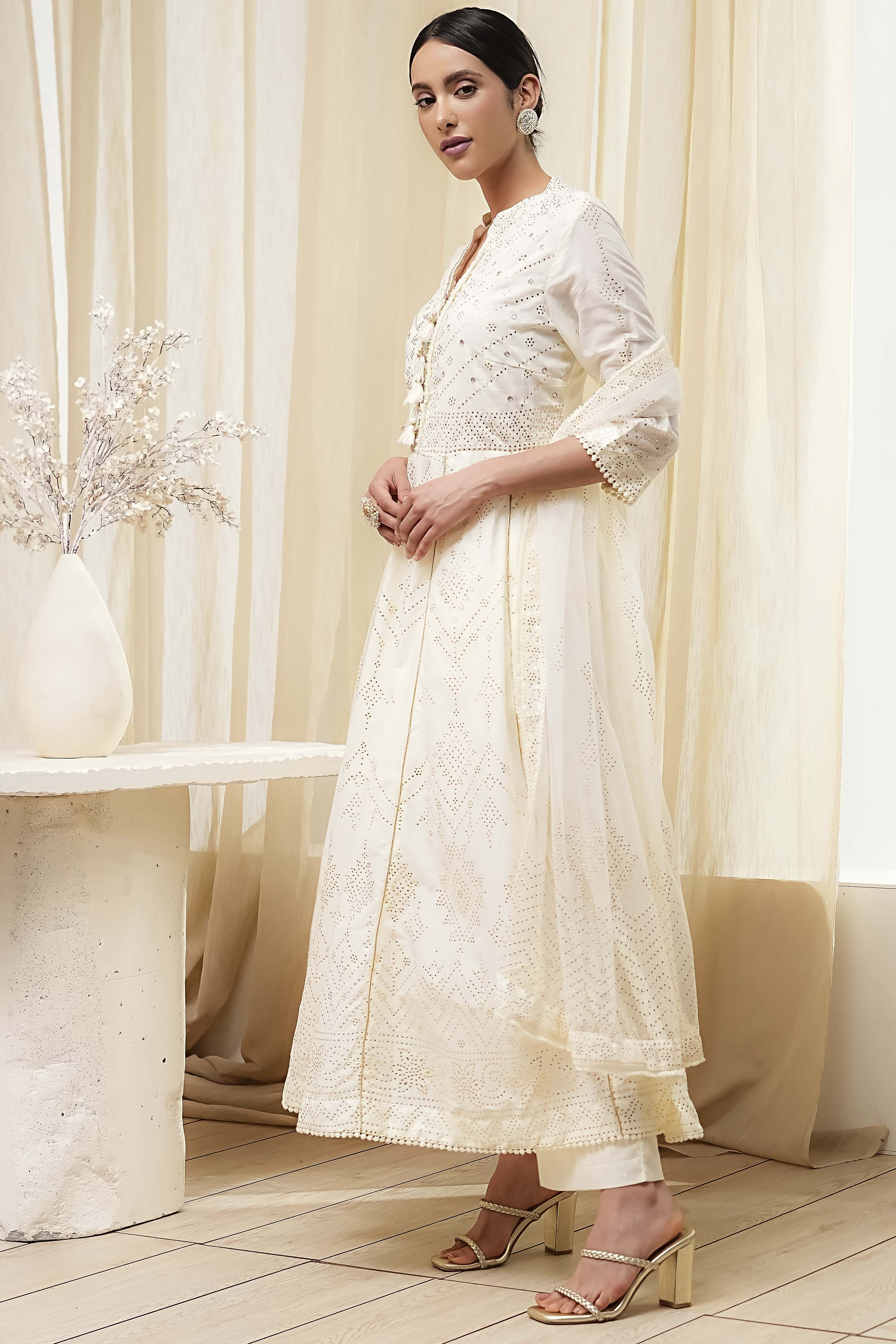 Off-White Cotton Embellished Anarkali Suit Set image number 3