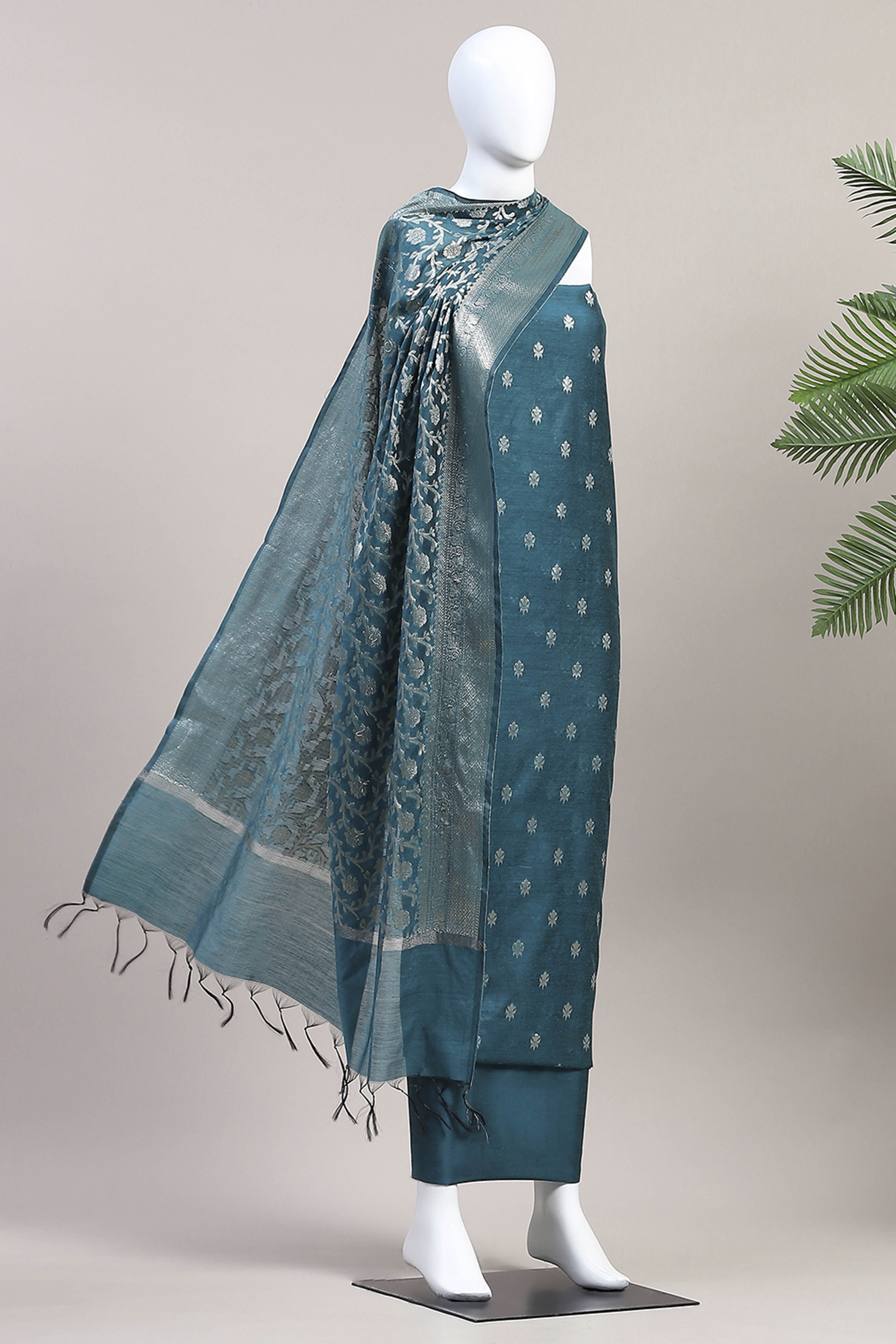 Green Black Poly Cotton Banarasi Unstitched Suit Set image number 4