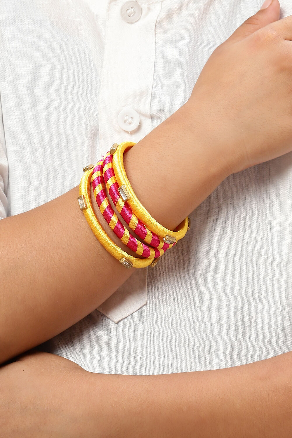 Dark Pink Mustard Yellow Plastic Thread Kids Bangles image number 3