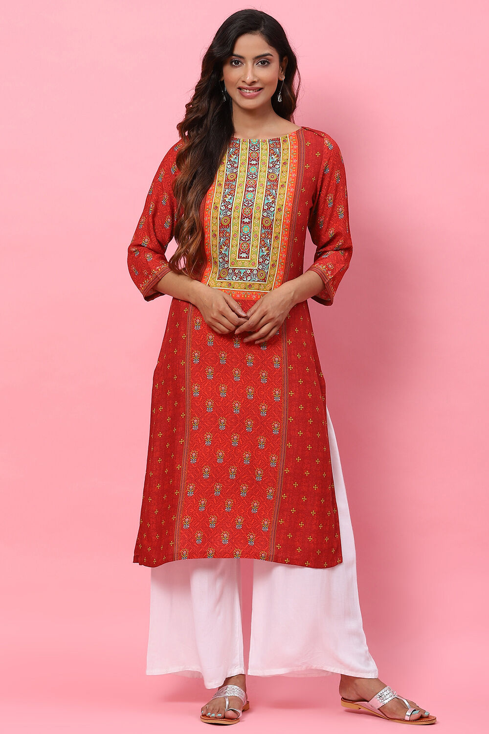 Red Straight Rayon Kurta image number 5