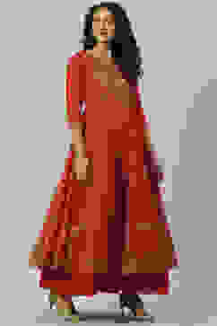Red Art Silk Anarkali Printed Kurta Dress image number 3