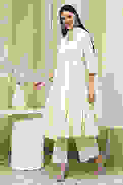 Off-White Cotton Schiffli Anarkali Suit Set image number 3