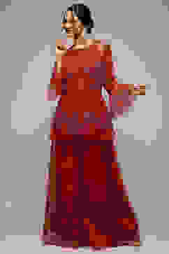 Red Nylon Straight Kurta Sharara Suit Set image number 3