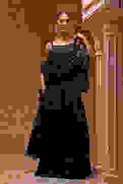 Navy Blue Poly Satin Embroidered Pre-Draped Saree image number 0