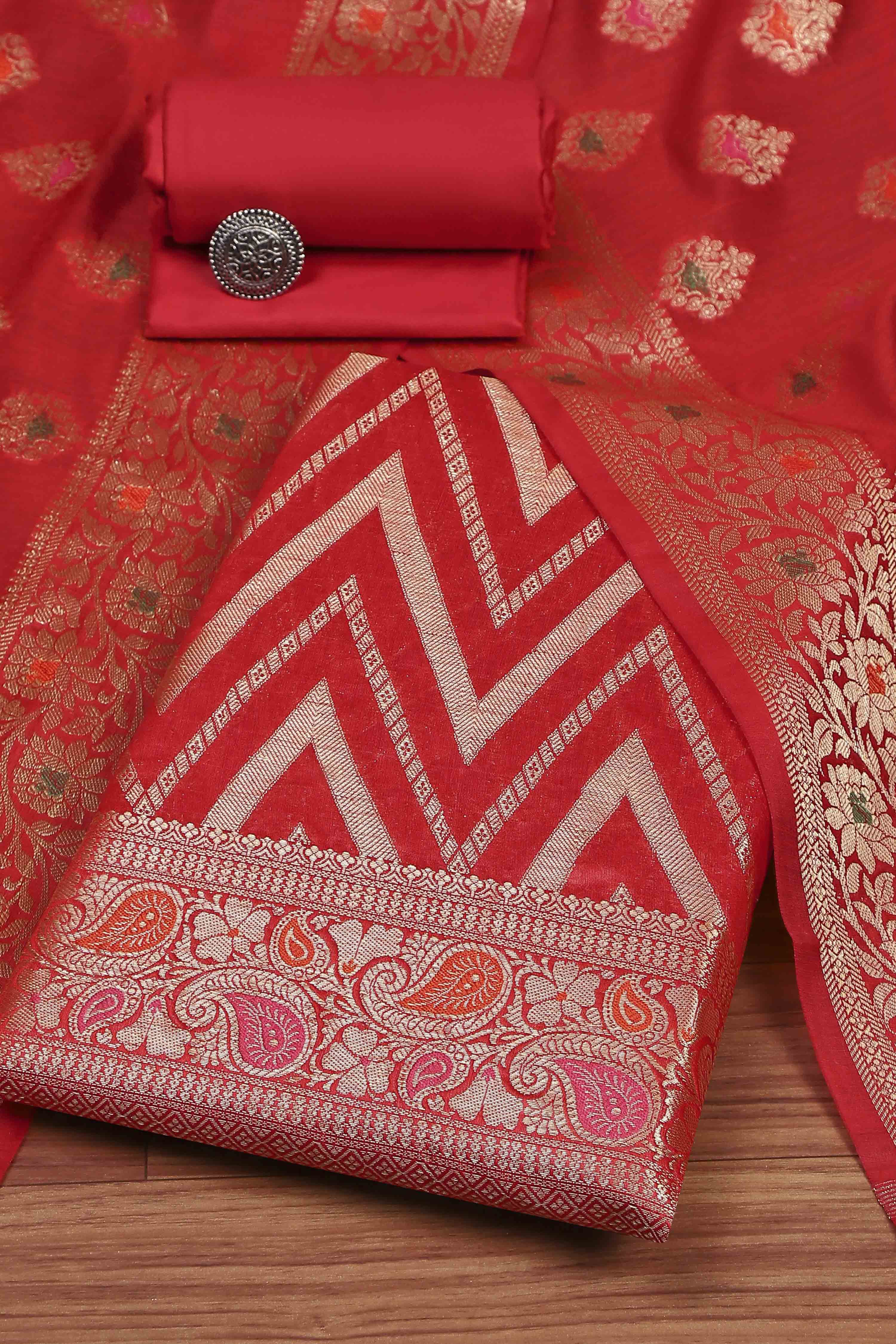 Hot Pink Poly Cotton Banarasi Unstitched Suit Set image number 0