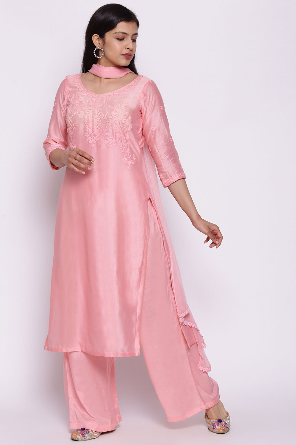 Off White Art Silk Unstitched Suit Set image number 4