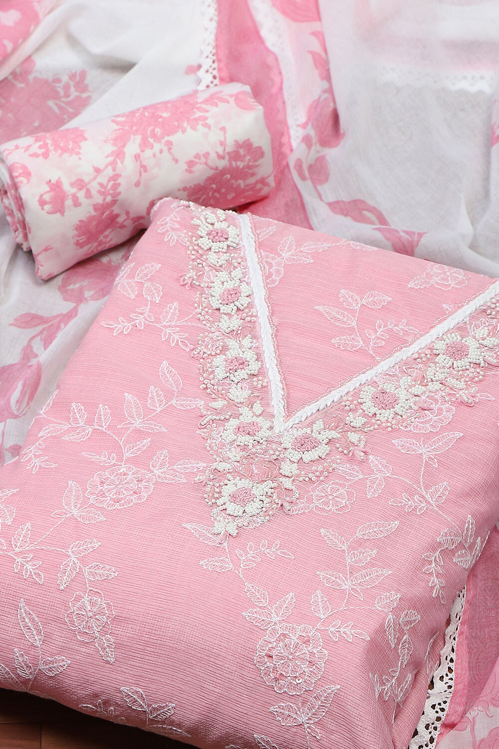 Peach Cotton Hand Embroidered Unstitched Suit Set image number 1