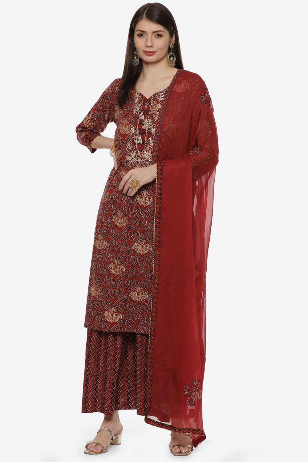 Maroon Cotton Unstitched Suit Set image number 0