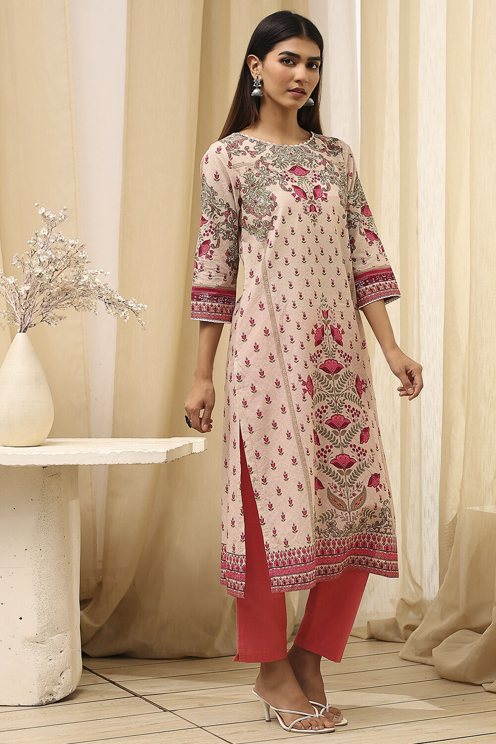 Yellow Cotton Printed Straight Kurta image number 3