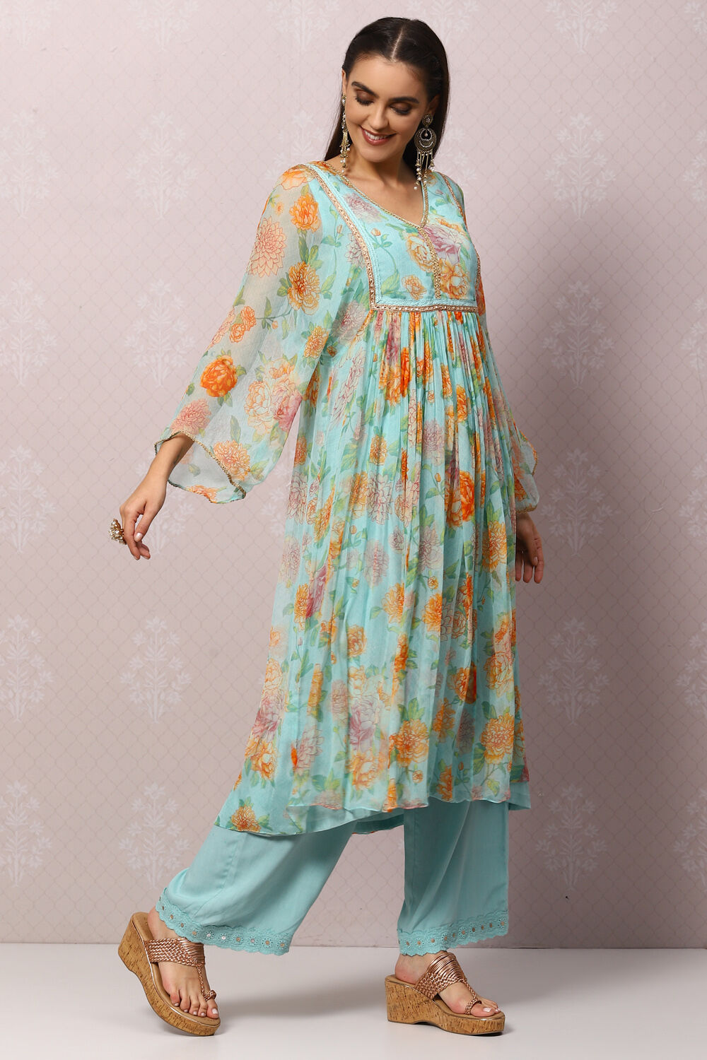 Sea Green Viscose Flared Kurta Palazzo Suit Set image number 6