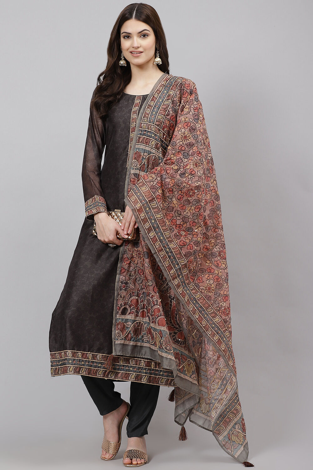 Beige Chanderi Woven Unstitched Suit Set image number 0