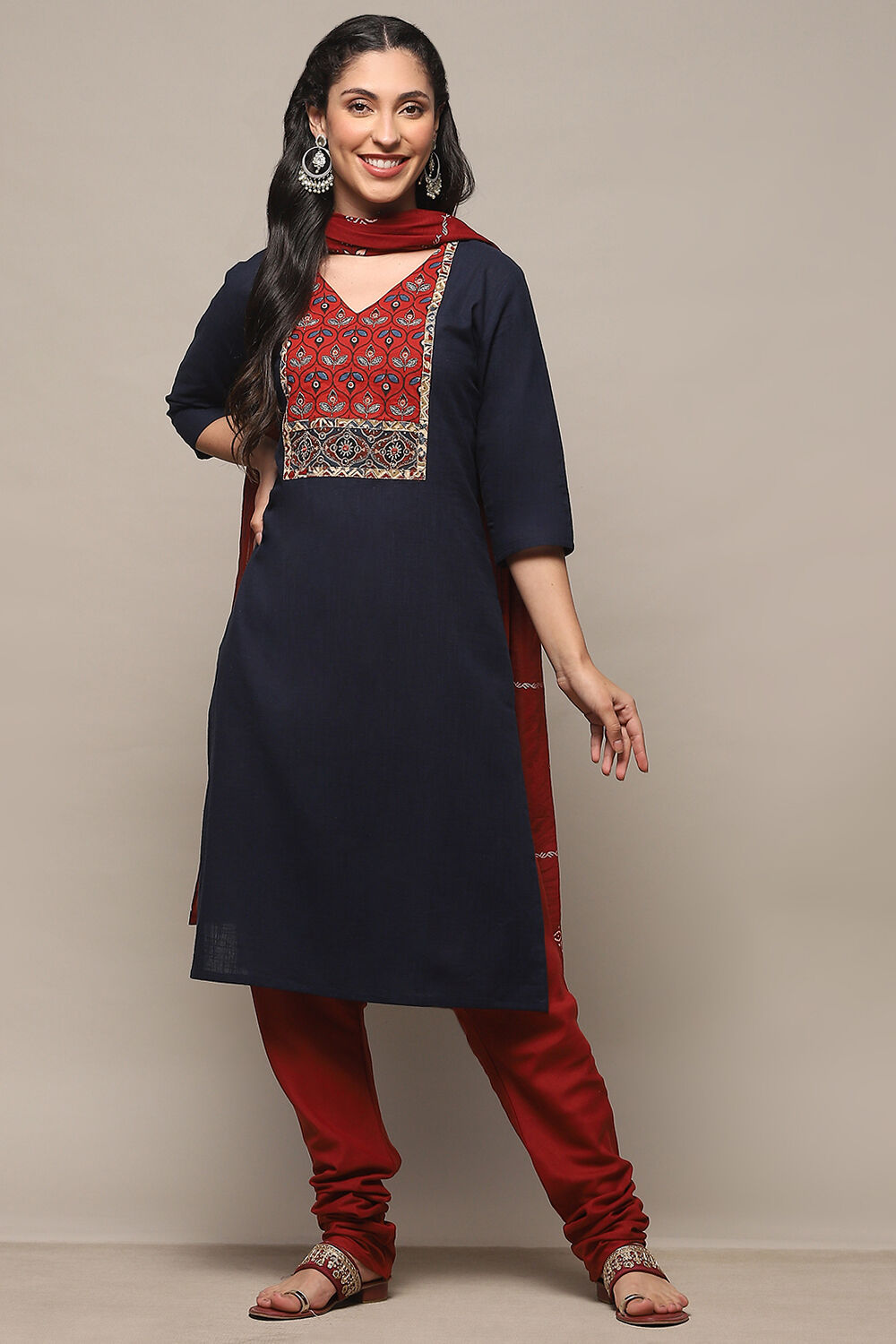 Navy Blue Cotton Unstitched Suit Set image number 8