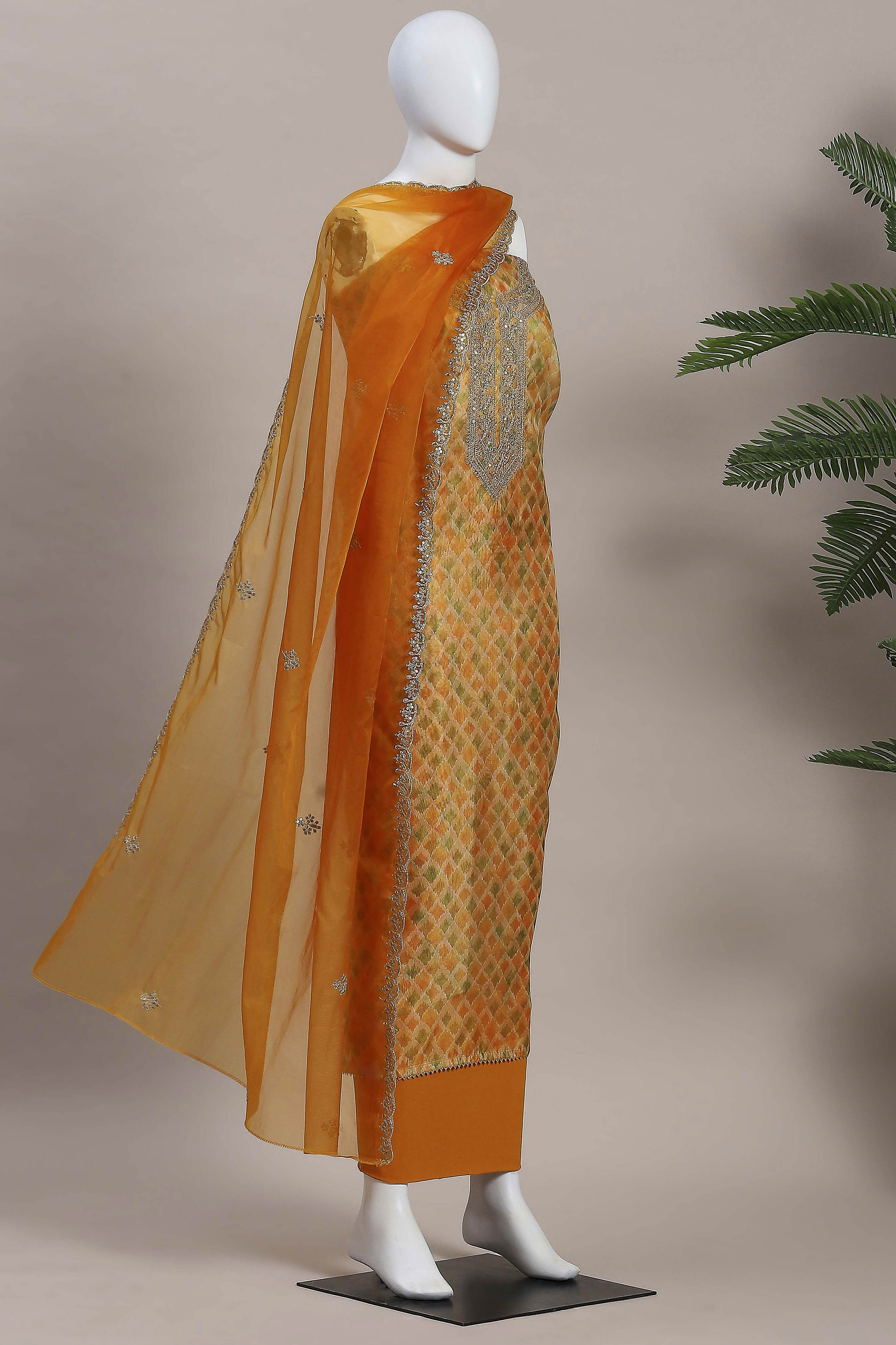 Yellow Organza Rajasthani Print Unstitched Suit Set image number 4