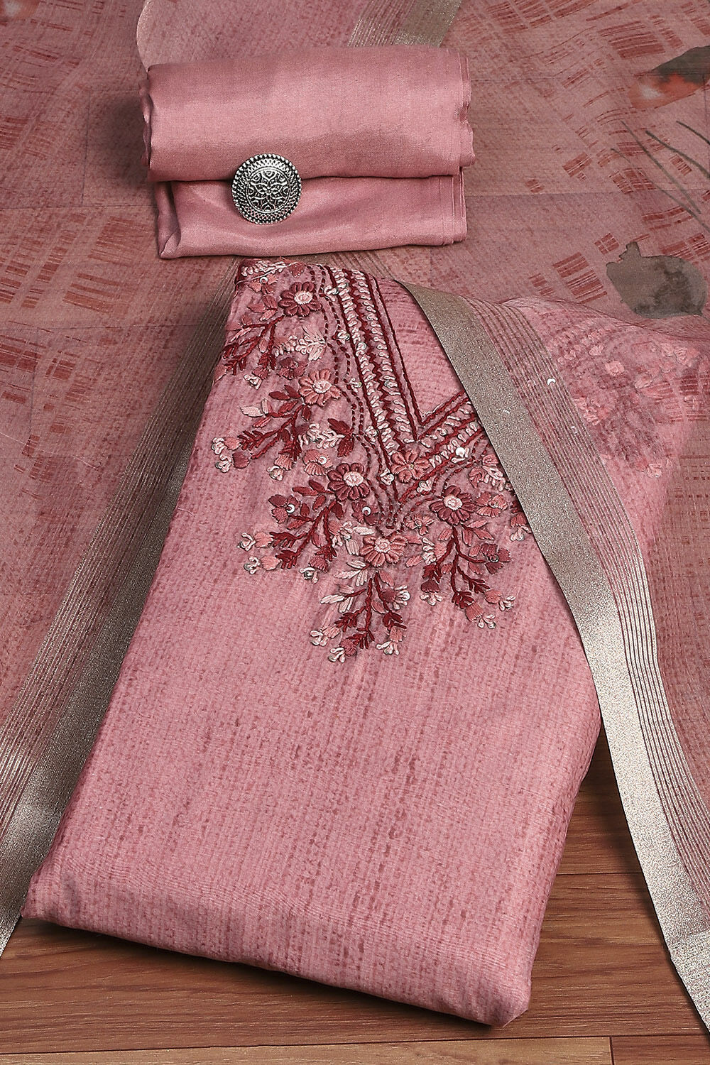 Pink Chanderi Hand Embroidered Unstitched Suit Set image number 0