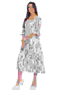 Off White Flared Cotton Printed Dress image number 2