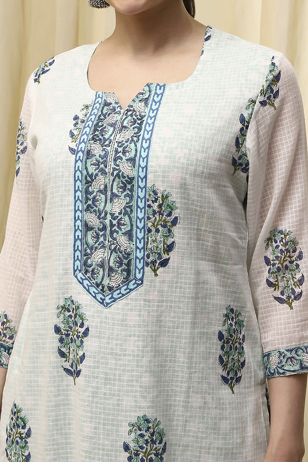 Blue Cotton Hand Block Print Unstitched Suit Set image number 3