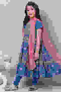 Blue Cotton Anarkali Kurta Churidar Suit Set image number 5
