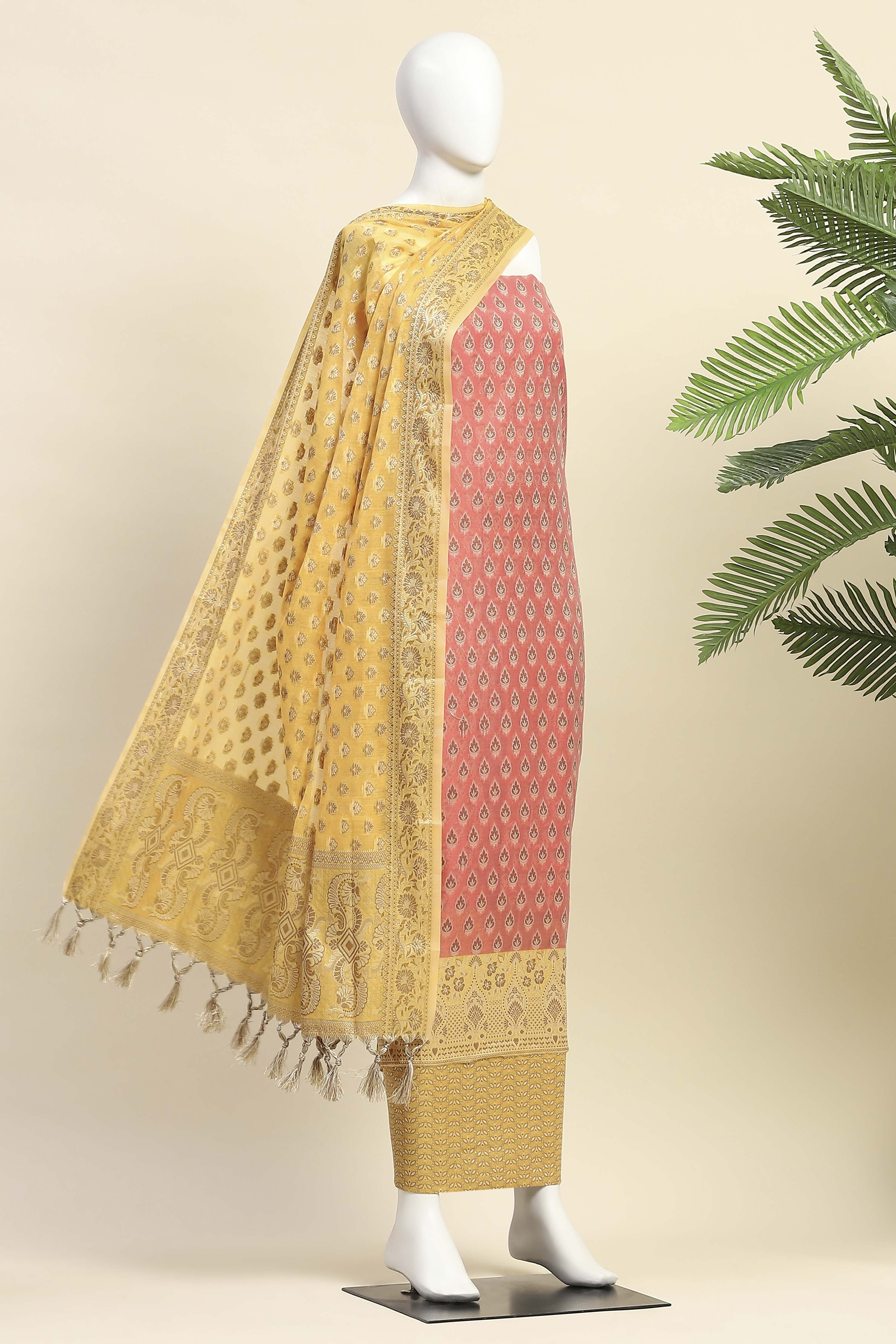 Mustard Poly Cotton Banarasi Unstitched Suit Set image number 4
