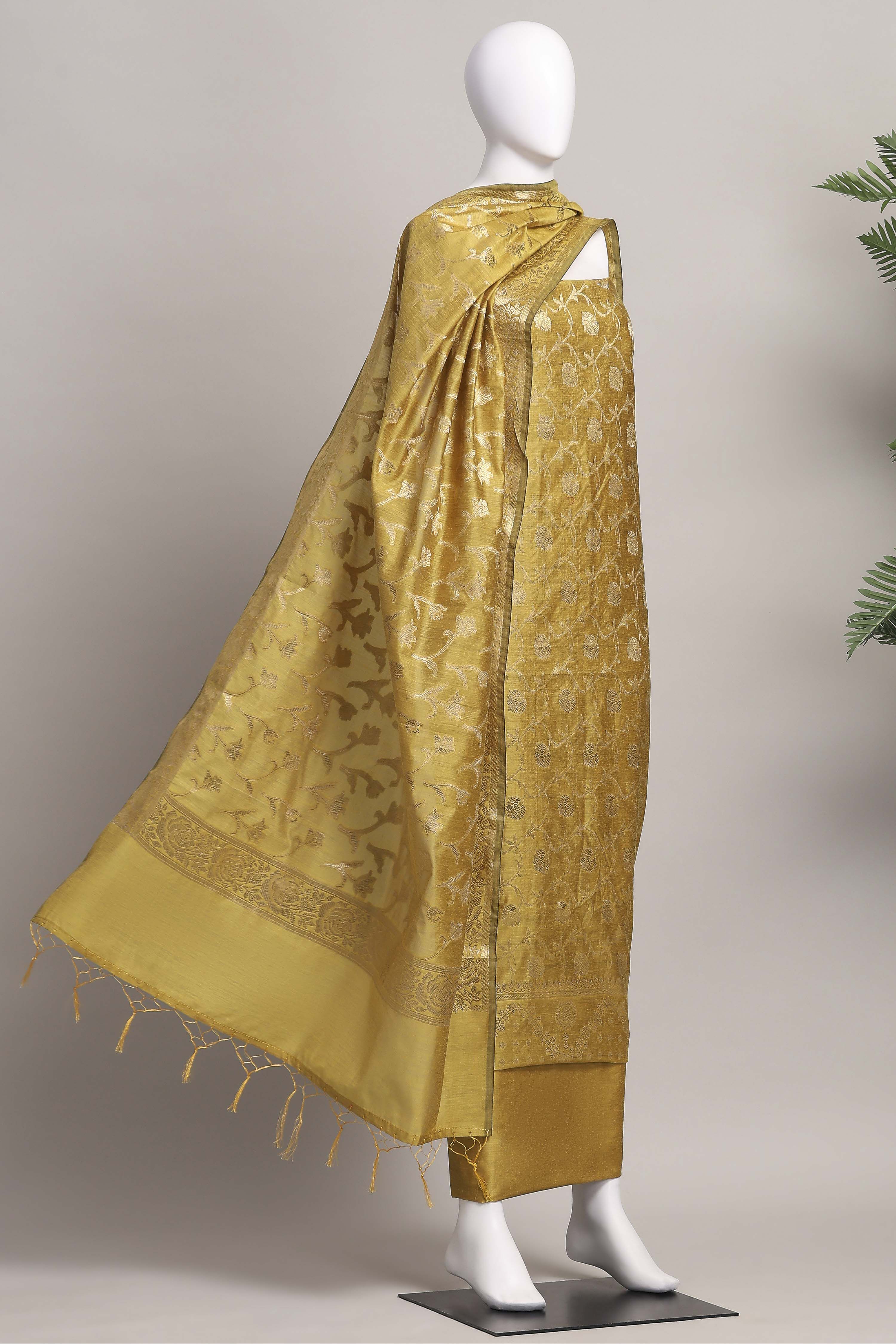 Yellow Banarasi Chanderi Banarasi Print Unstitched Suit Set image number 4