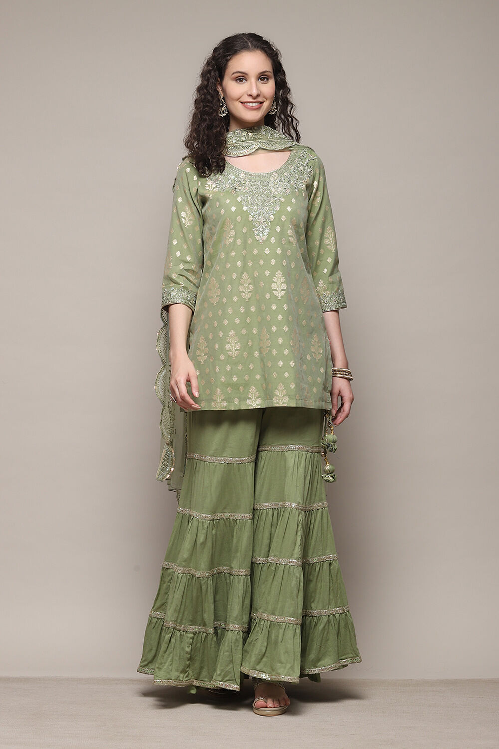 Sap Green Cotton Blend Straight Kurta Garara Suit Set image number 7