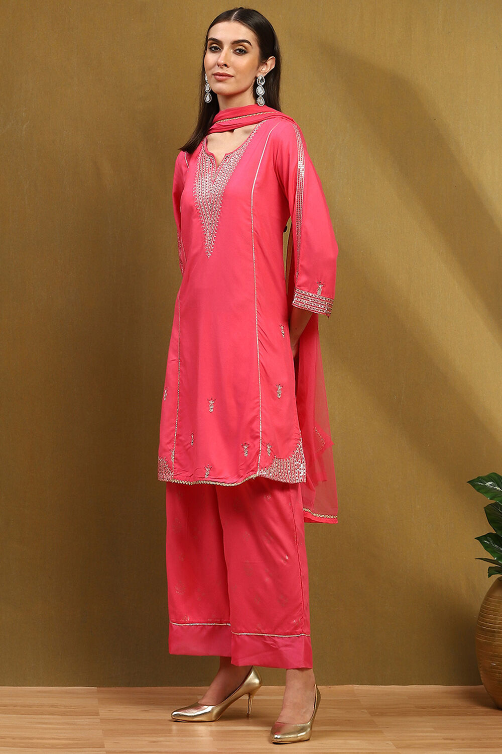 Purple Embroidered Straight Suit Set image number 3