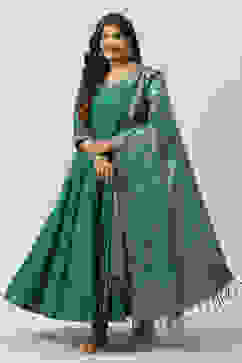 Teal Poly Viscose Anarkali Kurta Churidar Suit Set image number 0