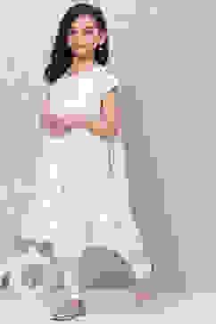 Off White Cotton Anarkali Kurta Churidar Suit Set image number 5