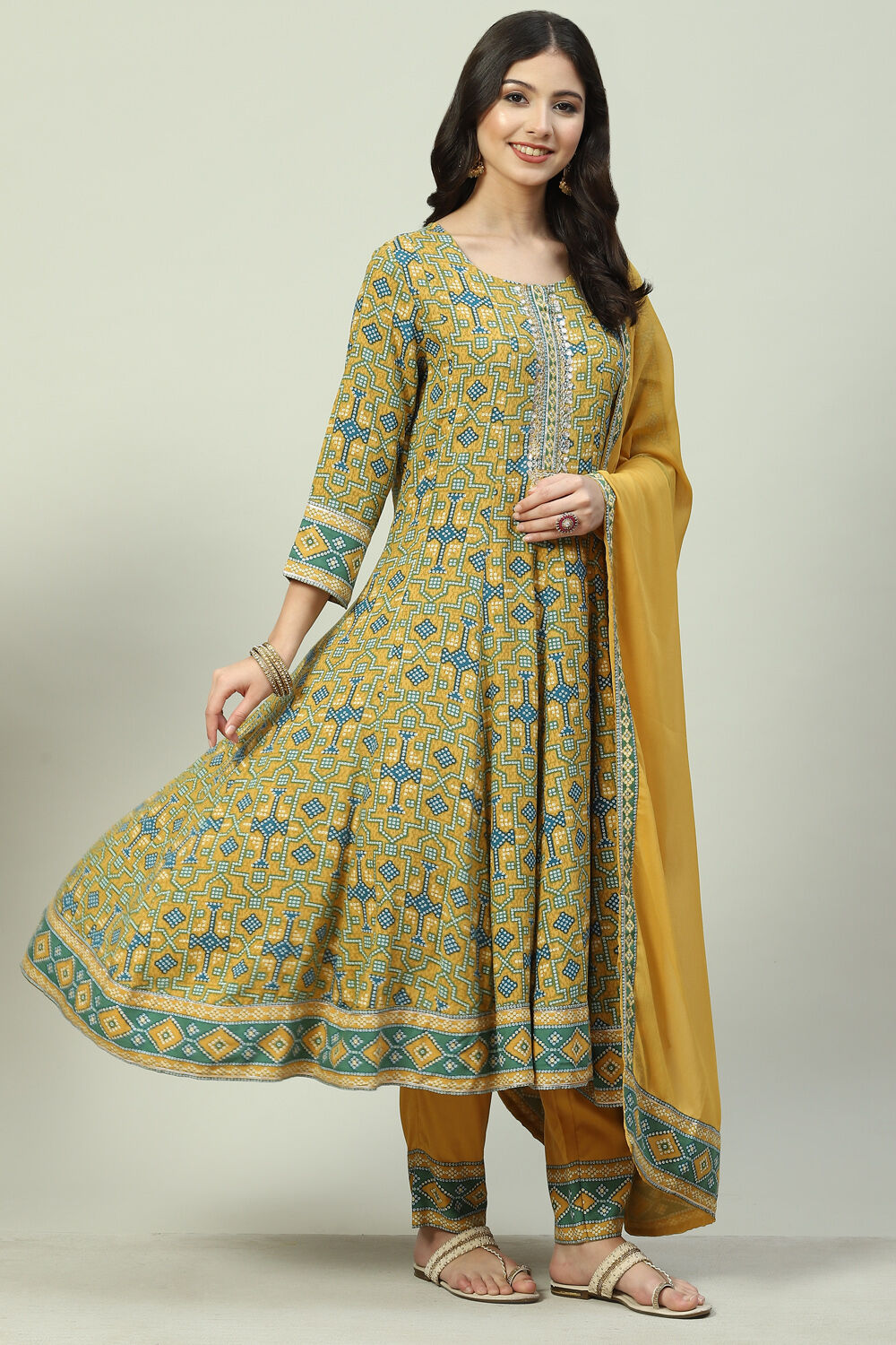 Mustard LIVA Kalidar Kurta Pant Suit Set image number 5