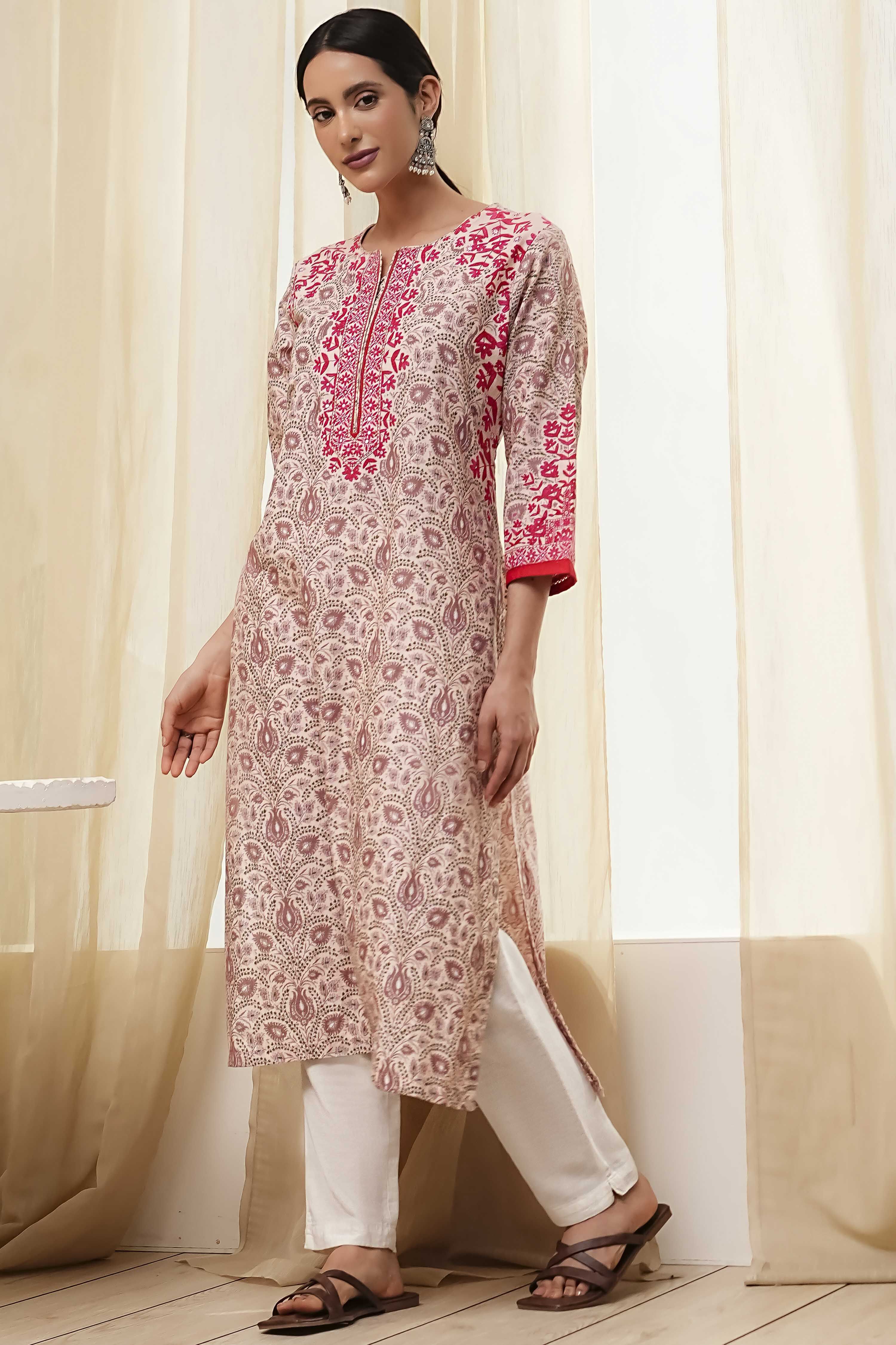 Green Cotton Printed Straight Kurta image number 0