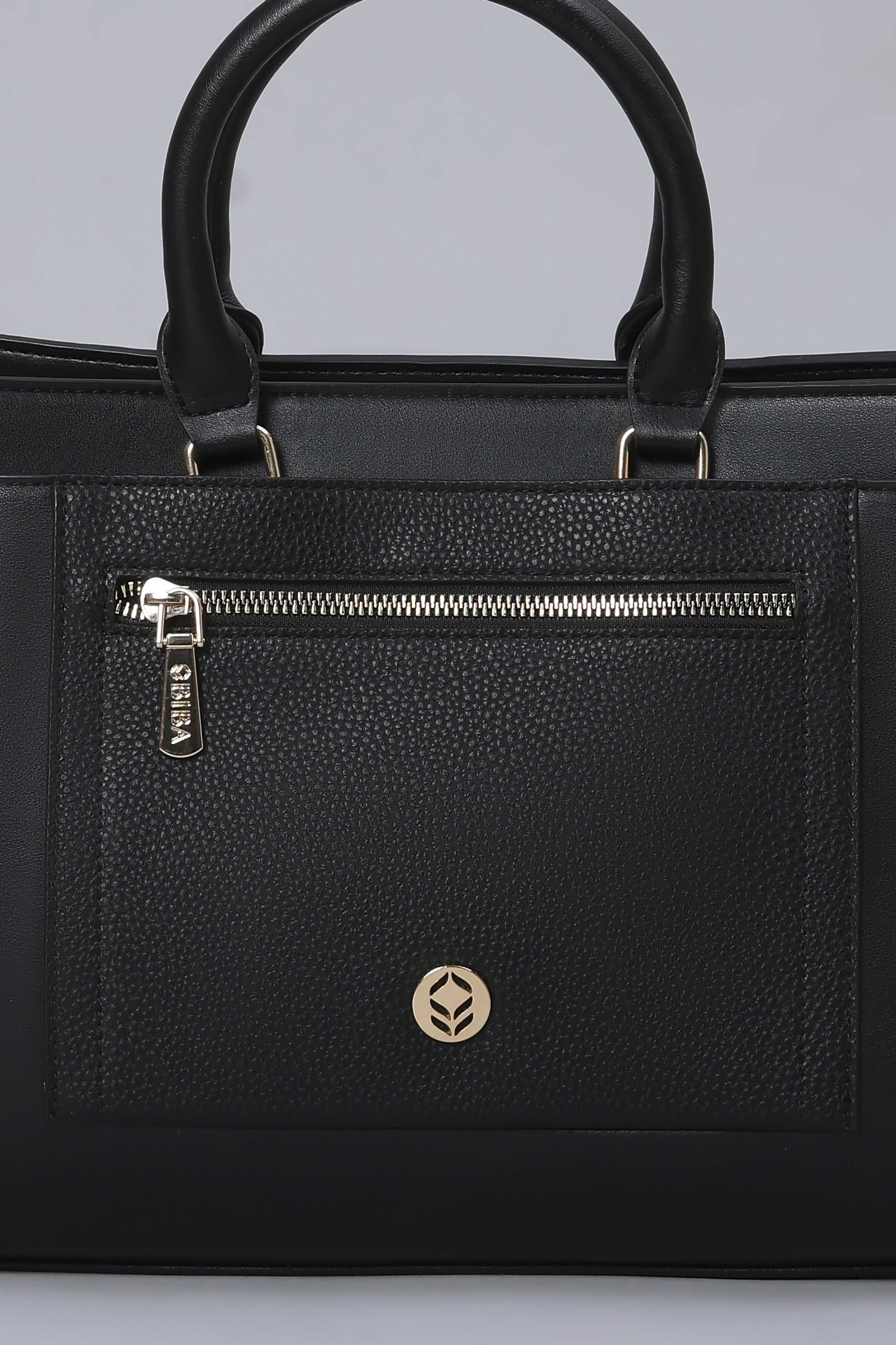 Black PU Solid Structured Handheld Bag image number 6