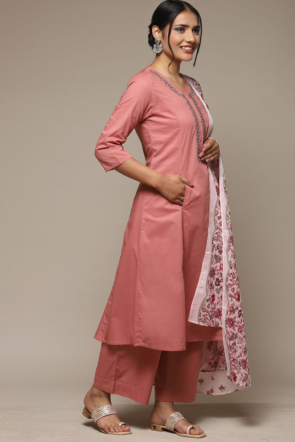 Peach Cotton Kalidar Kurta Palazzo Suit Set image number 6