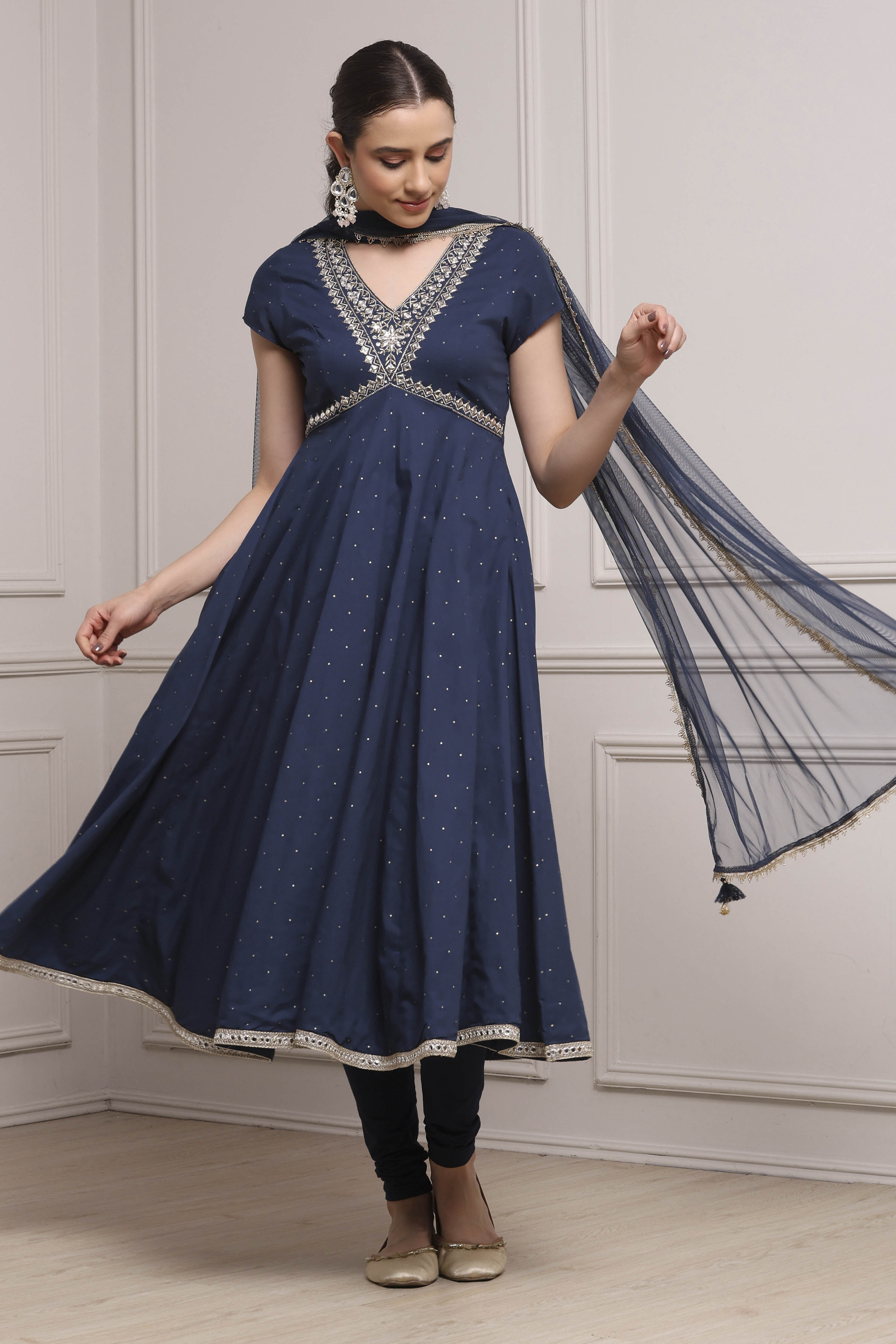 Blue Cotton Flared Suit Set image number 0