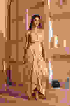 Beige Pure Georgette Jacquard Fusion Skirt Set image number 6