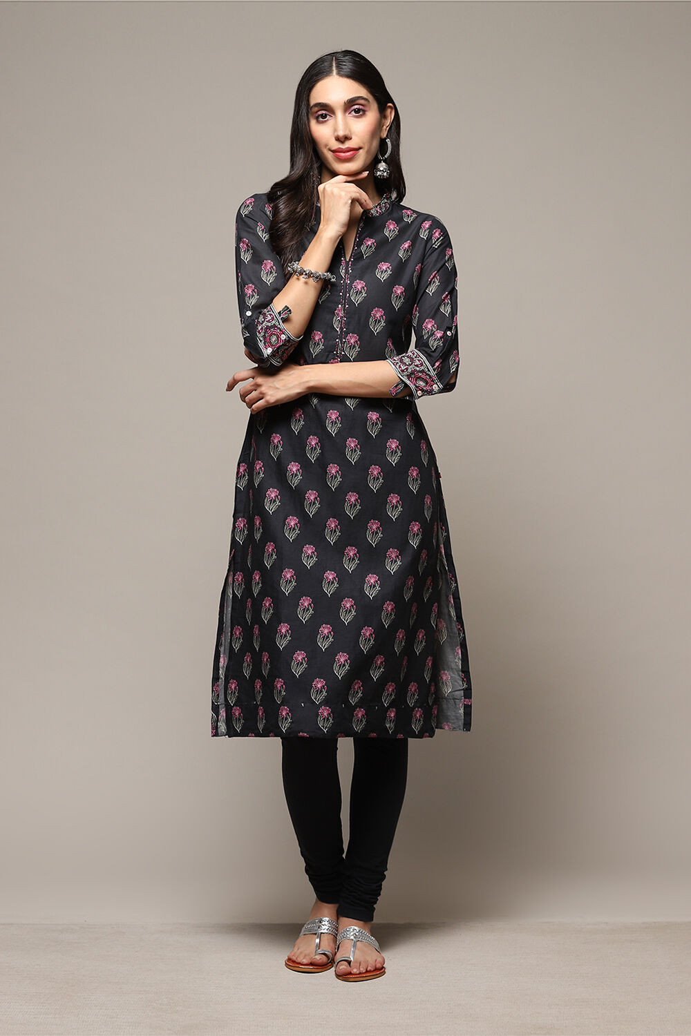 Black Cotton Straight Kurta Churidar Suit Set image number 6