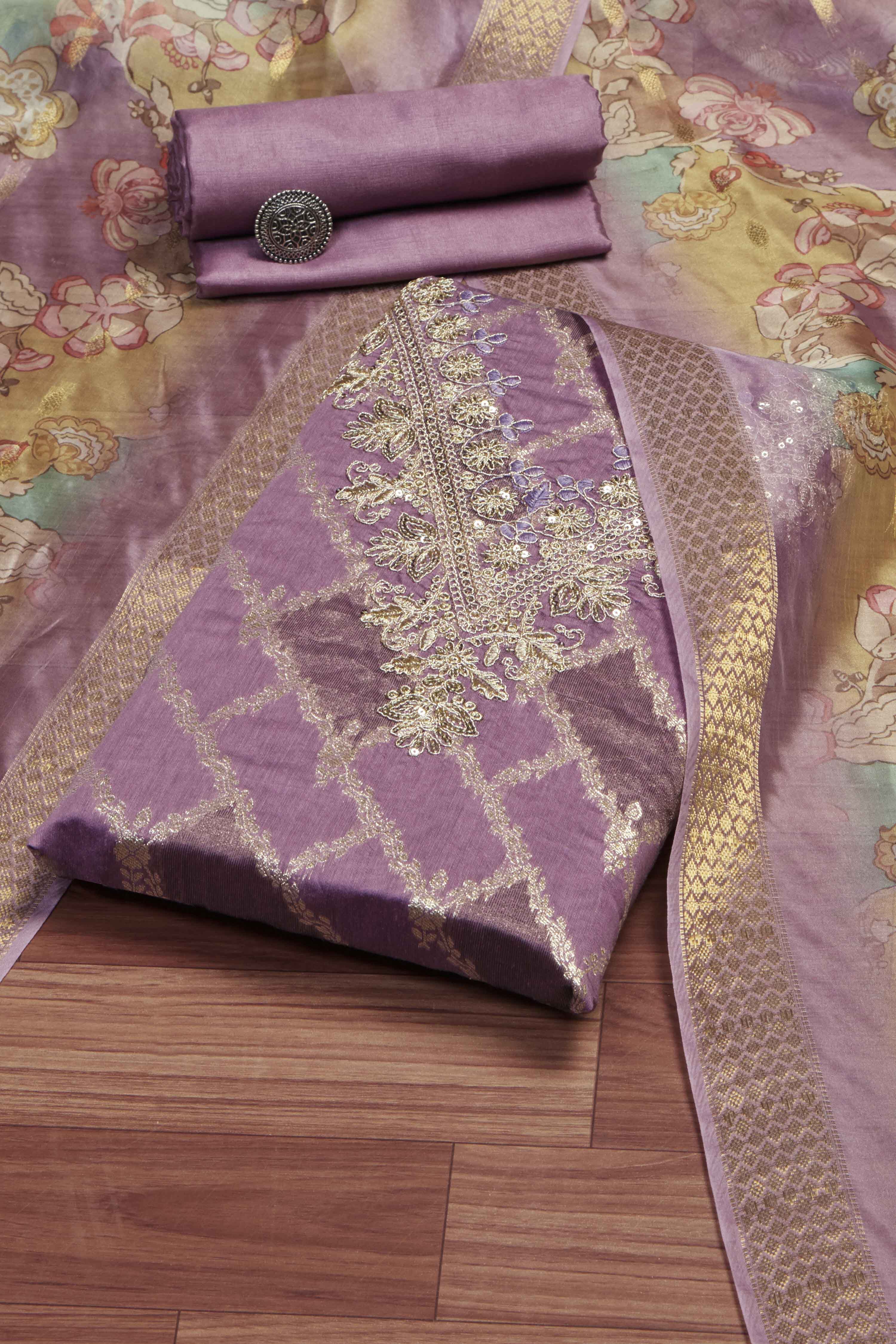 Blue Cotton Printed Embroidered Unstitched Suit Set image number 0