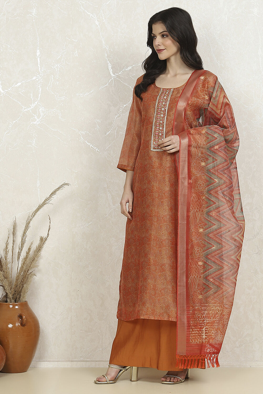 Orange Cotton Printed Embroidered Unstitched Suit Set image number 4