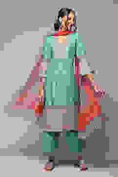 Sea Green LIVA Gathered Kurta Palazzo Suit Set image number 0