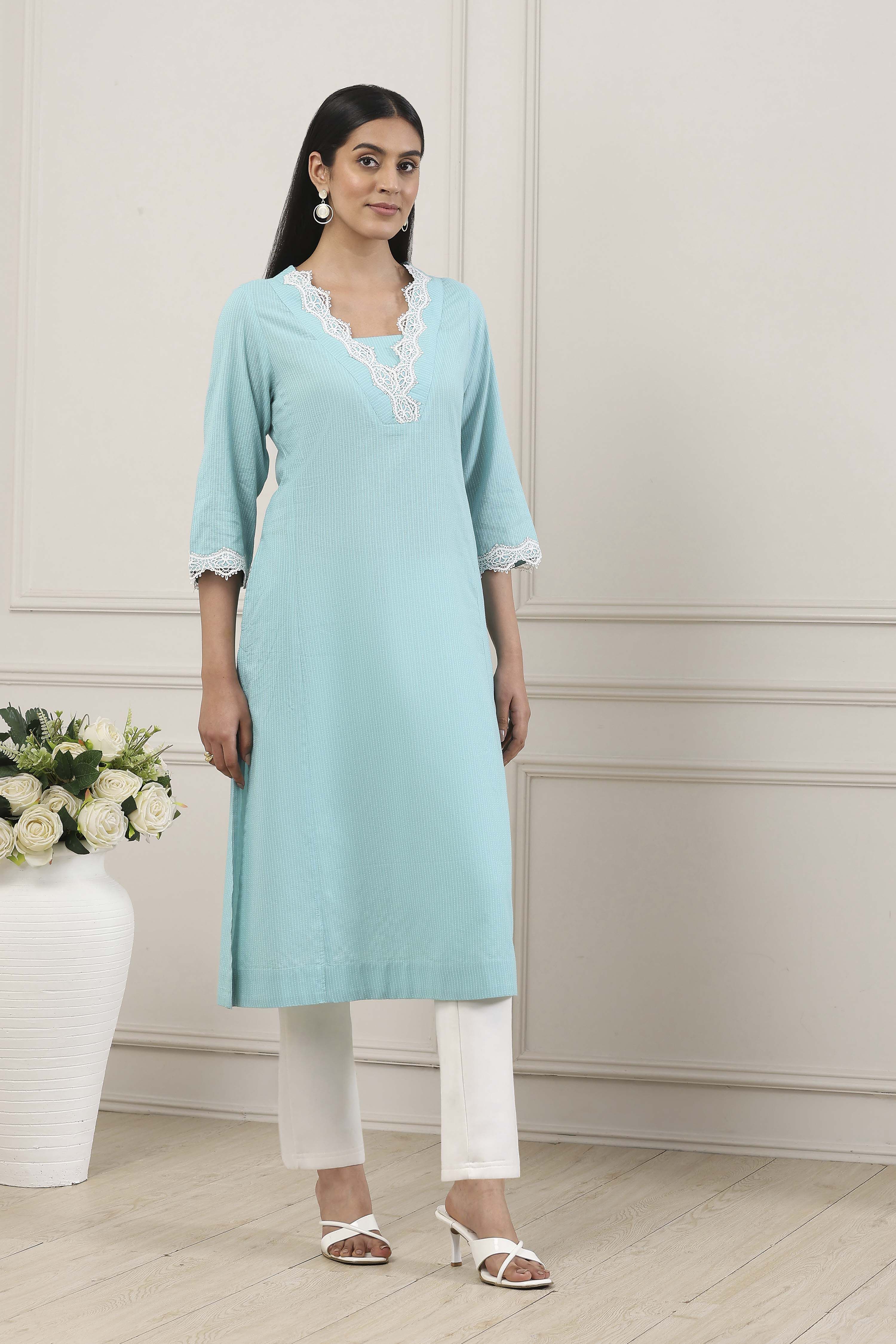 Blue Cotton Lace Trim Straight Kurta image number 4