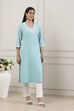 Blue Cotton Lace Trim Straight Kurta image number 4