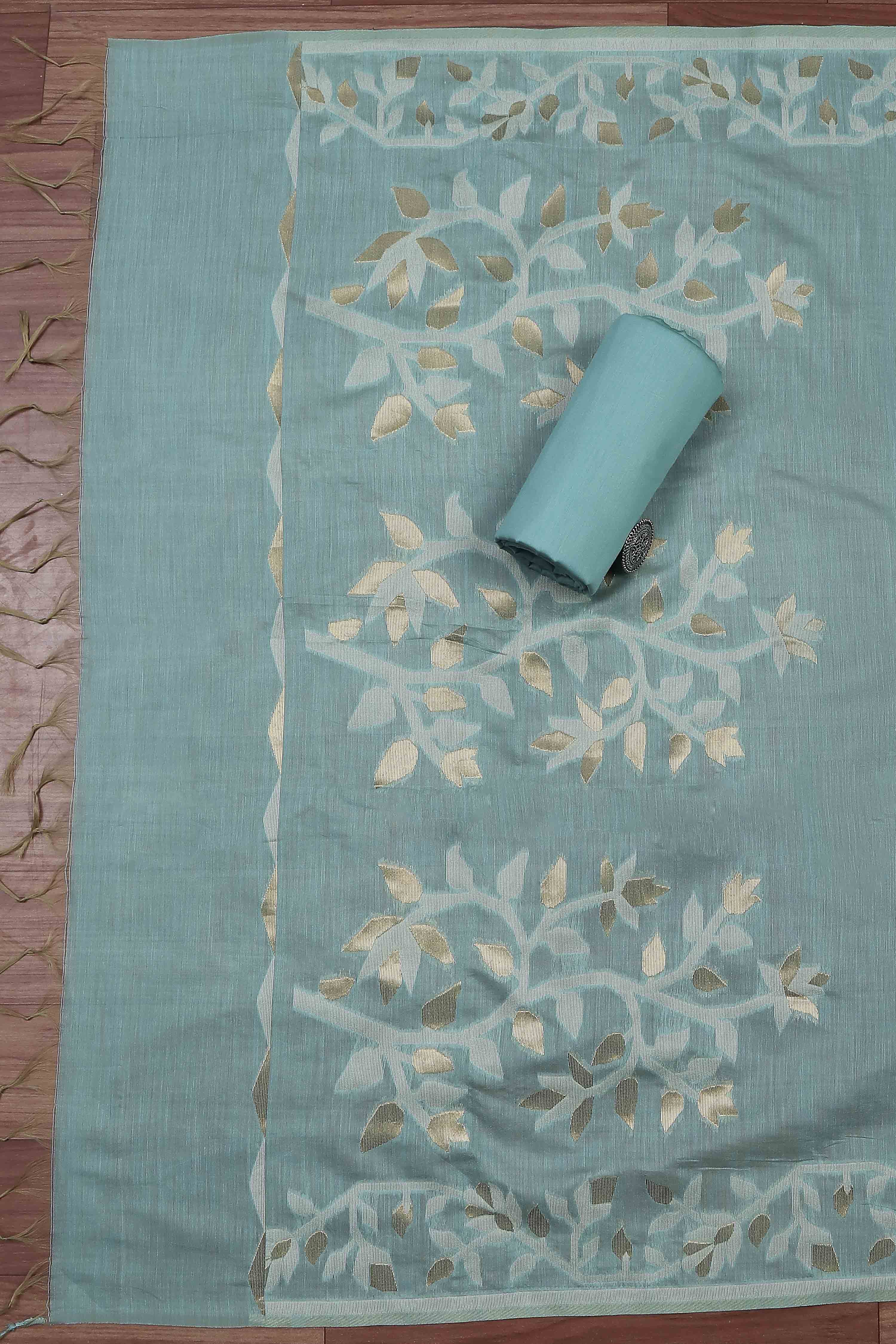 Blue Cotton Jamdani Unstitched Suit Set image number 3
